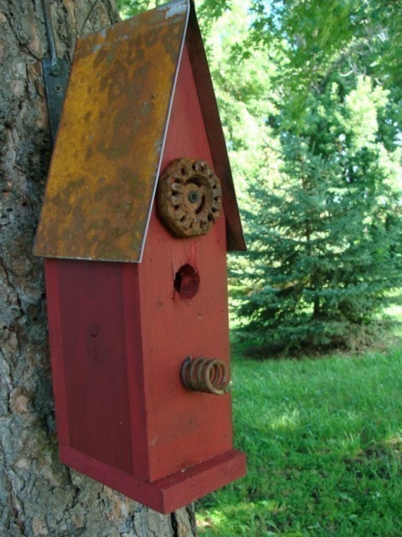 10” Rusted Metal Roof WOOD BIRD HOUSE Rustic with water spicket faucet HANDMADE 