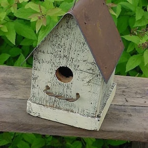 Handmade Rustic Bird House Outdoor Garden Decor Old Yellow with Metal Roof Home for Wrens & Chickadees image 2