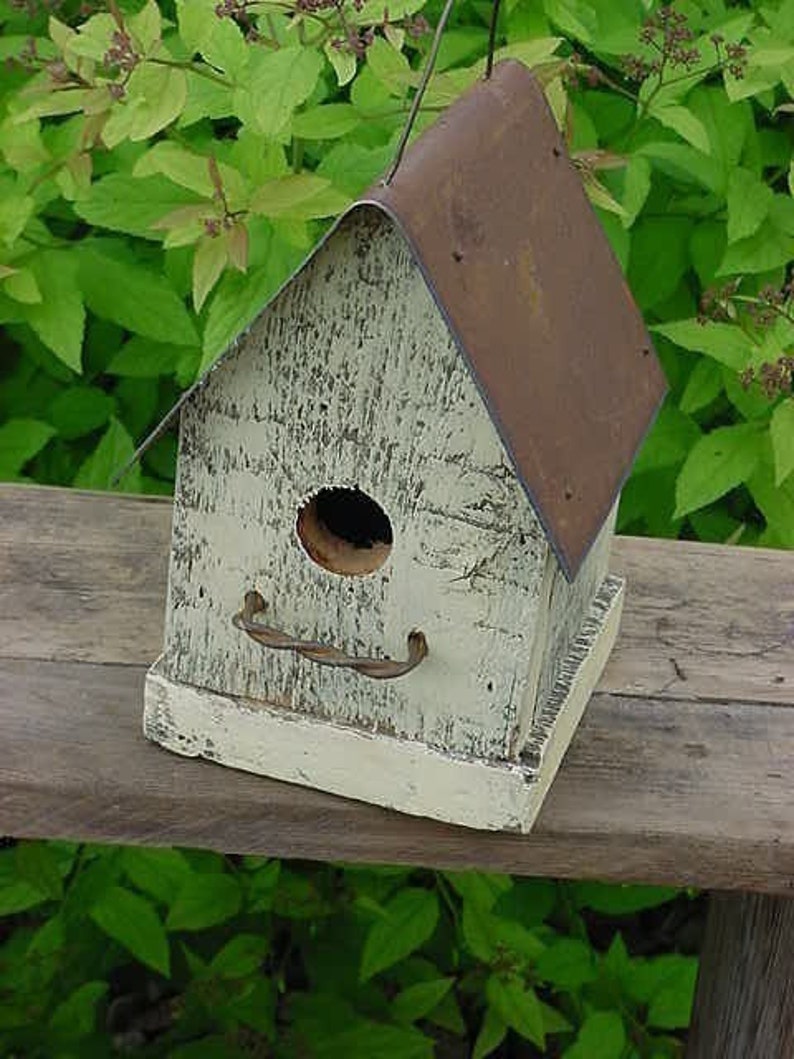 Handmade Rustic Bird House Outdoor Garden Decor Old Yellow with Metal Roof Home for Wrens & Chickadees image 2