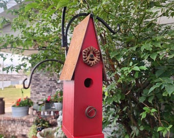 Rustic Red Birdhouse: Outdoor Garden, Recycled Vintage Accent