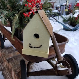 Handmade Rustic Bird House Outdoor Garden Decor Old Yellow with Metal Roof Home for Wrens & Chickadees image 7