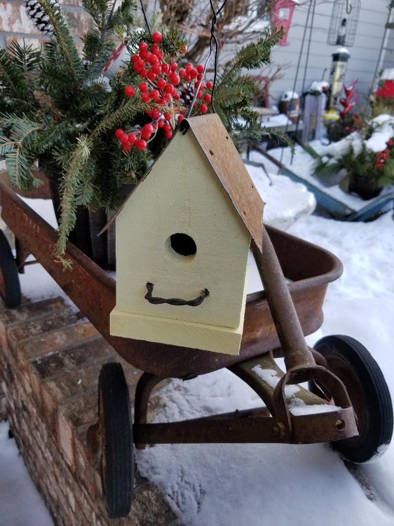 Handmade Rustic Bird House Outdoor Garden Decor Old Yellow with Metal Roof Home for Wrens & Chickadees image 7