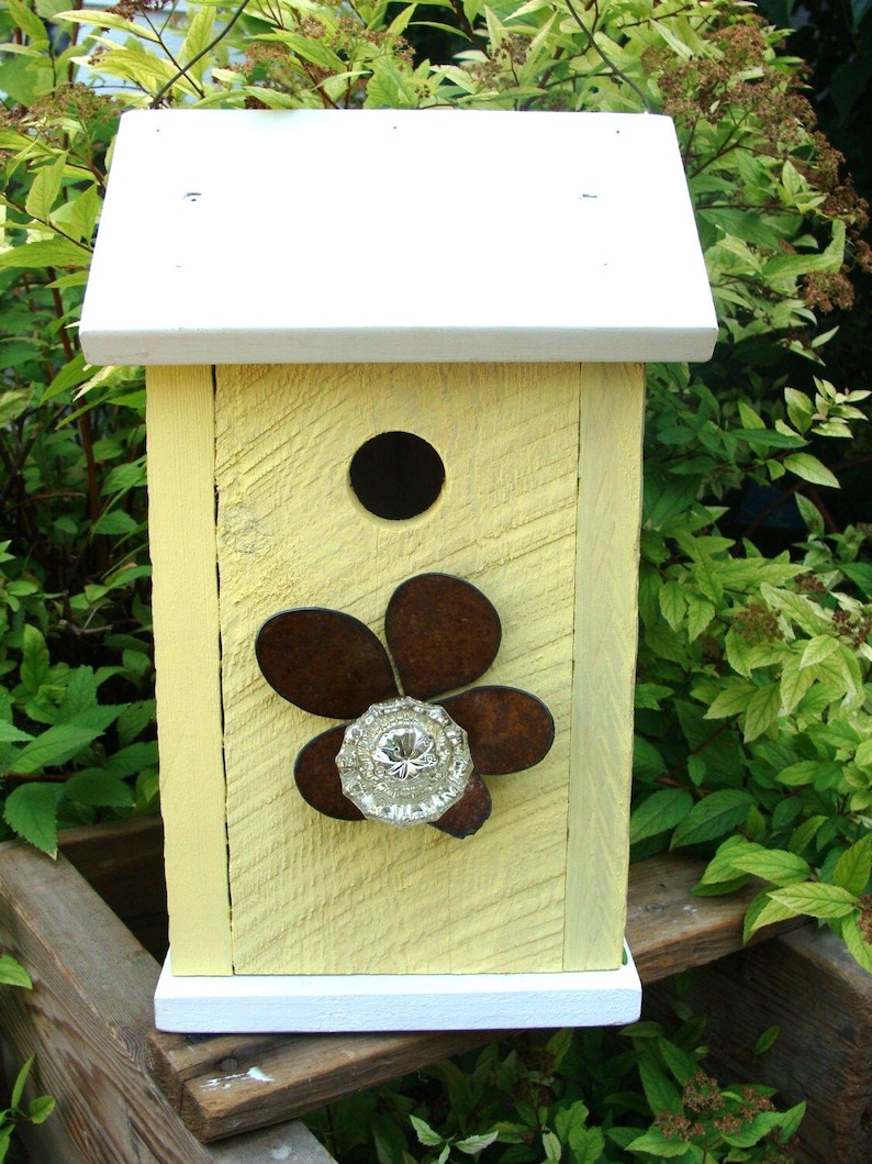 Butter Yellow Birdhouse: Recycled Vintage Door Knob, Outdoor Garden Decor image 1