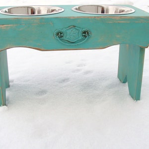 Dog Bowl Stand with Recycled Vintage Cupboard Pull Accent Handcrafted Pet Feeding Station image 4