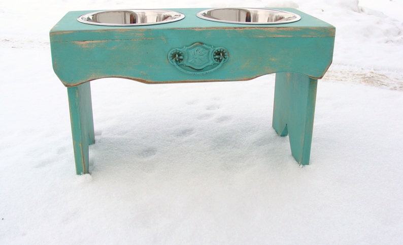 Dog Bowl Stand with Recycled Vintage Cupboard Pull Accent Handcrafted Pet Feeding Station image 4
