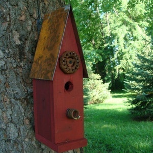 Rustic Old Red Bird House with Vintage Faucet Handle Accent for Outdoor Garden Decor Nesting Home for Chickadees & Wrens