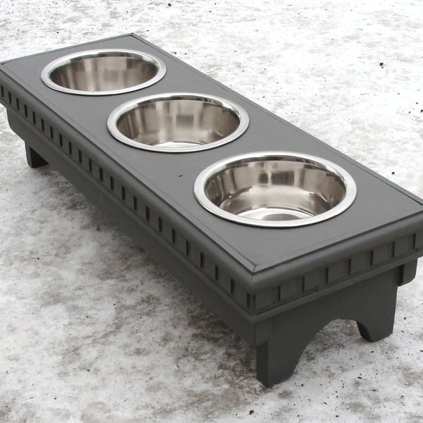 3 Bowl Pet Feeder with Decorative Trim Modern Minimalist Grey Finish