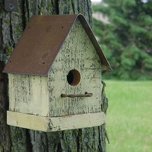 Handmade Rustic Bird House Outdoor Garden Decor Old Yellow with Metal Roof Home for Wrens & Chickadees