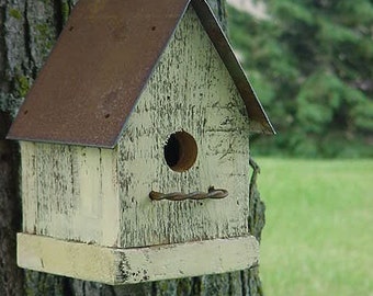 Handmade Rustic Bird House Outdoor Garden Decor Old Yellow with Metal Roof Home for Wrens & Chickadees