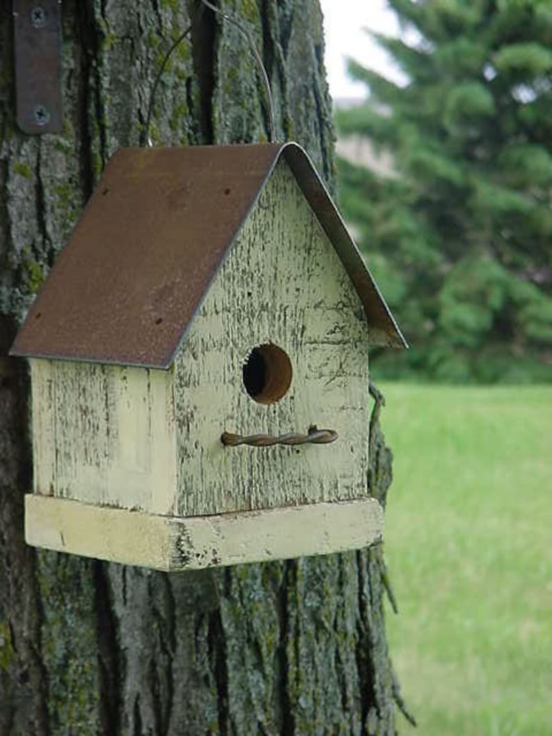 Handmade Rustic Bird House Outdoor Garden Decor Old Yellow with Metal Roof Home for Wrens & Chickadees image 1