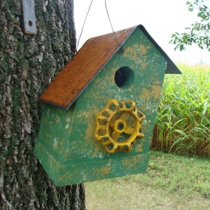 Outdoor Functional Birdhouse, Rusty Metal Roof, Old Green with Gold Vintage Faucet