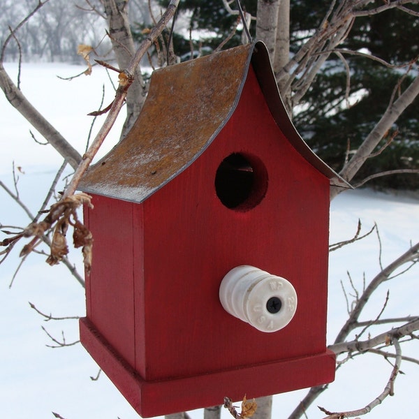 Rustic Red Birdhouse:  Artisan Made, Metal Roof