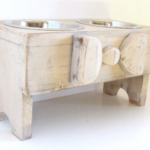 Handmade Elevated Dog Feeder: Antique White, Wood Bow Accent