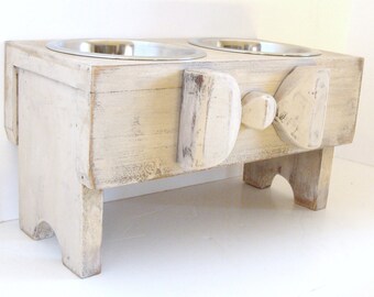 Handmade Elevated Dog Feeder: Antique White, Wood Bow Accent