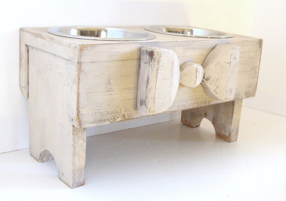 Handmade Elevated Dog Feeder: Antique White, Wood Bow Accent