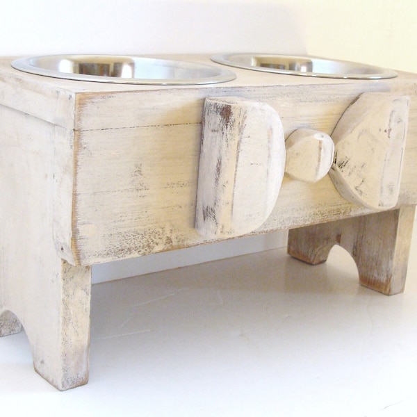 Handmade Elevated Dog Feeder: Antique White, Wood Bow Accent