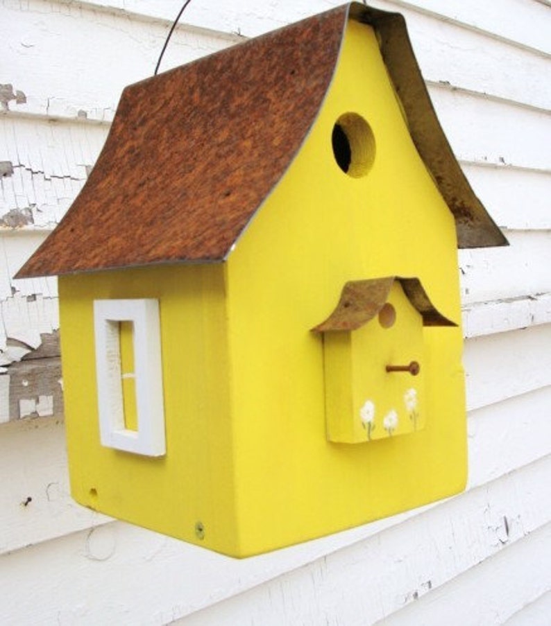 Rustic Bird House, Garden Decor, Functional Birdhouse, Decorative Birdhouse, Large Birdhouse, Yellow. image 4