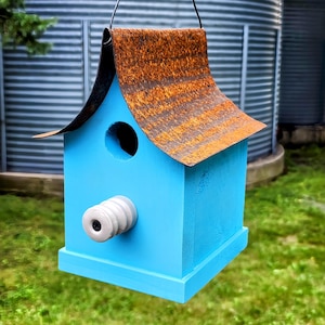 Hanging Handmade Rustic Wood Birdhouse with Recycled Insulator Perch Outdoor Garden Decor