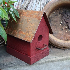 Old Red Rustic Birdhouse Handmade with Metal Roof Outdoor Garden Decor Functional Bird House