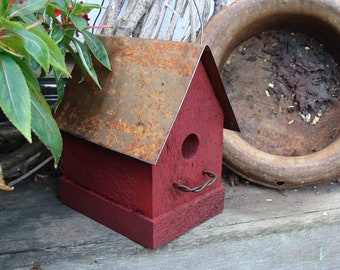 Old Red Rustic Birdhouse Handmade with Metal Roof Outdoor Garden Decor Functional Bird House