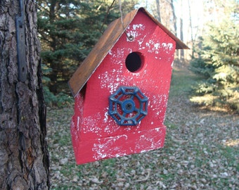 Rustic Old Red Birdhouse with Vintage Blue Faucet Outdoor Garden Decor Nesting Bird House for Wrens & Chickadee's