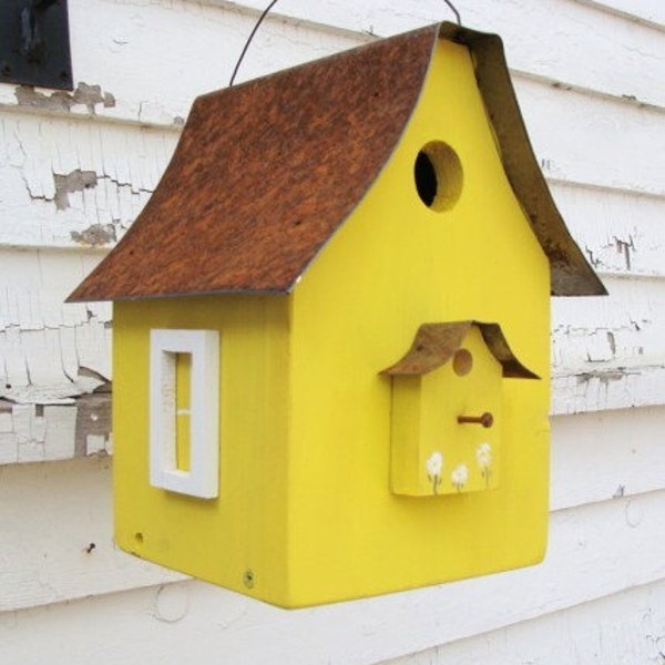 Rustic Bird House, Garden Decor, Functional Birdhouse, Decorative Birdhouse, Large Birdhouse, Yellow.