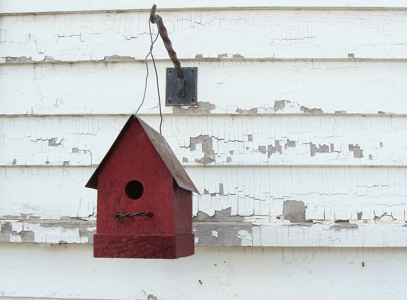 Old Red Rustic Birdhouse Handmade with Metal Roof Outdoor Garden Decor Functional Bird House image 3