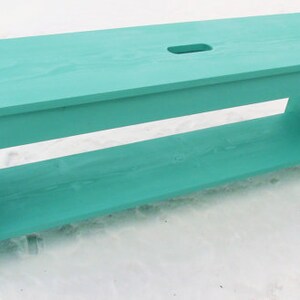 Pu&ograve; includere: Una panca in legno blu turchese con uno scaffale e un ritaglio nella parte superiore. La panca &egrave; realizzata in legno massello e ha un aspetto rustico.