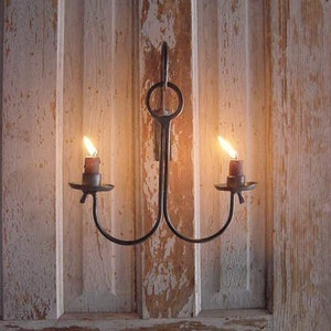 Rustic Candle Holder Sconce, Wall Candle Holder, Blacksmith Forged Steel, Primitive Early Candle Lighting, Colonial Lighting image 2