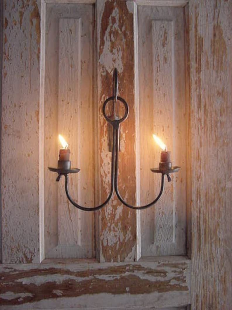 Rustic Candle Holder Sconce, Wall Candle Holder, Blacksmith Forged Steel, Primitive Early Candle Lighting, Colonial Lighting image 2