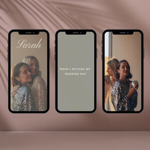 Puede incluir: Dos mujeres con vestidos brillantes se abrazan. El texto "Sarah" está en la parte superior de la imagen. El texto "When I picture my wedding day" está sobre un fondo verde claro.