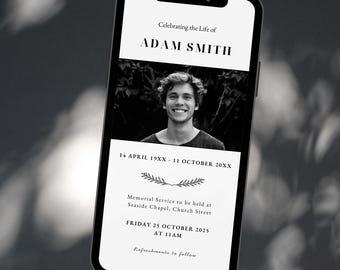 Anuncio funerario digital: Invitación conmemorativa personalizable (descarga digital)