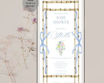 Blue Chinoiserie Baby Shower Invitation: Bamboo Floral (Digital)