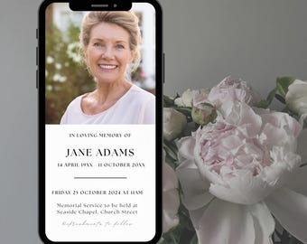 Plantilla digital para anuncio de funeral: Invitación conmemorativa editable (Canva)