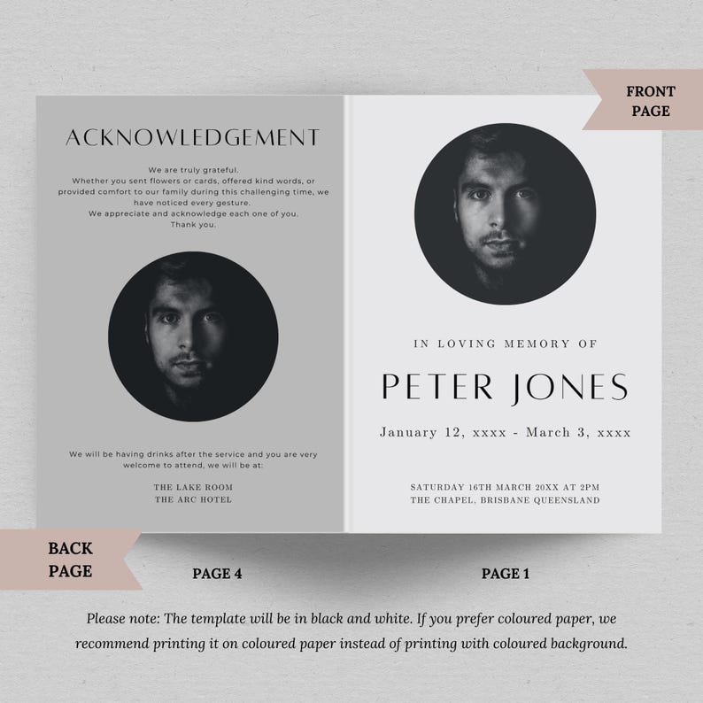 Puede incluir: Tarjeta de condolencias en blanco y negro con una foto de un hombre. La tarjeta dice "Agradecimiento" y "En memoria de Peter Jones". La fecha de fallecimiento es el 12 de enero de xxxx - 3 de marzo de xxxx. La tarjeta tambi&eacute;n incluye la fecha y la hora del funeral.