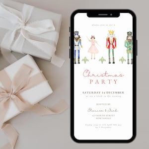 May include: A digital invitation for a Christmas party featuring a watercolor illustration of four nutcracker figures. The invitation text reads "Please join us for a Christmas Party, Saturday 14 December at six o'clock in the evening, Hosted by Elouise & Jack, 123 North Street Northpole, kindly RSVP to Jill 0400 000 144 by 7 December."