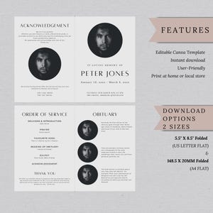 Puede incluir: Una plantilla de programa de funeral en blanco y negro con una foto del fallecido, el nombre "Peter Jones" y las fechas "12 de enero de xxxx - 3 de marzo de xxxx". El programa incluye secciones para el orden del servicio, el obituario y el agradecimiento. La plantilla est&aacute; disponible en dos tama&ntilde;os: 5,5 x 8,5 pulgadas doblado (US Letter Flat) y 148,5 x 20 mm doblado (A4 Flat).