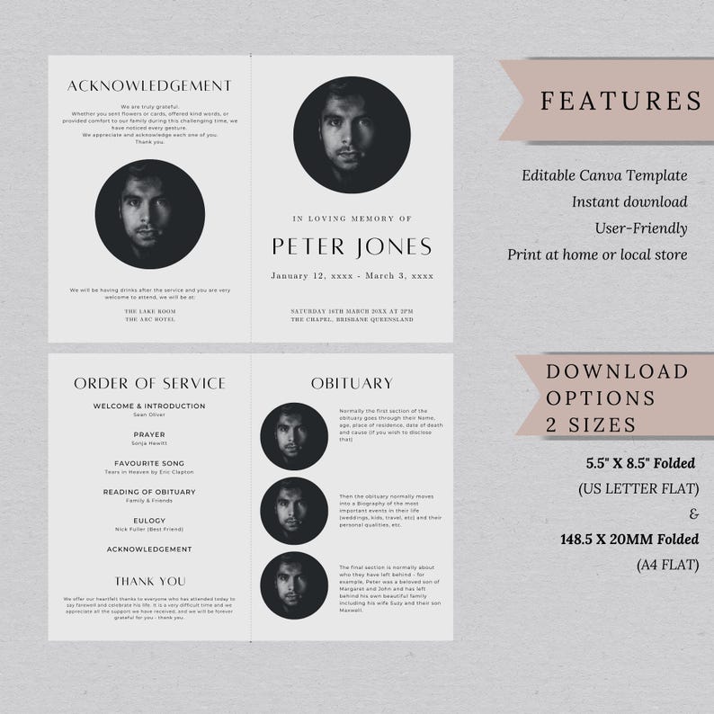 Puede incluir: Una plantilla de programa de funeral en blanco y negro con una foto del fallecido, el nombre "Peter Jones" y las fechas "12 de enero de xxxx - 3 de marzo de xxxx". El programa incluye secciones para el orden del servicio, el obituario y el agradecimiento. La plantilla est&aacute; disponible en dos tama&ntilde;os: 5,5 x 8,5 pulgadas doblado (US Letter Flat) y 148,5 x 20 mm doblado (A4 Flat).