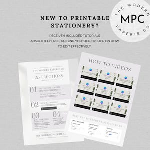 Puede incluir: Una gu&iacute;a de papeler&iacute;a imprimible con instrucciones sobre c&oacute;mo acceder y editar plantillas. La gu&iacute;a incluye nueve tutoriales en video gratuitos sobre c&oacute;mo usar las plantillas. La gu&iacute;a tambi&eacute;n incluye informaci&oacute;n sobre c&oacute;mo exportar los archivos finales para imprimir en casa, en una tienda de impresi&oacute;n o digitalmente.