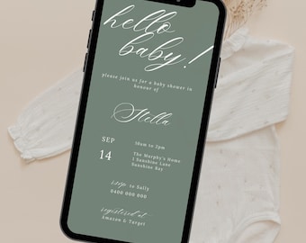 Sage Green Baby Shower Invitation: Modern Minimalist Design (Digital Download)