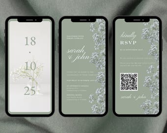 Conjunto de invitaciones de boda verde salvia: Plantilla RSVP animada (digital)