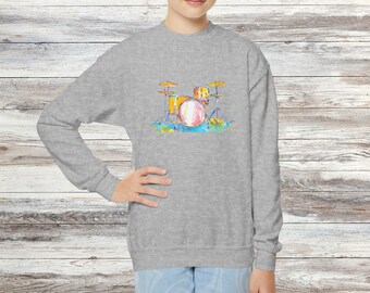 Colourful Youth Drum Kit Drawing Crewneck Sweatshirt, Unisex, Perfect For Young Rockers