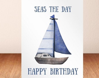 Sailing Birthday Card Nautical Boat Captain Gift water color style Sailboat Lover Card printable birthday card sailor gift boat owner card