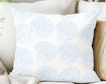 Blue Seashell Pillow Cover Coastal Decor Nautical Throw Pillow Coastal Living Cushion Case Beach House Accent Shell Pillow Housewarming Gift