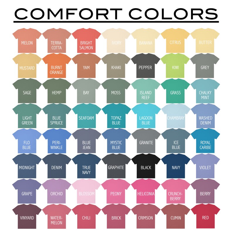 Pu&ograve; includere: Una tabella di 48 colori diversi visualizzati su magliette. I colori sono disposti in righe e colonne, con ogni colore etichettato con un nome. La tabella &egrave; intitolata "Comfort Colors".
