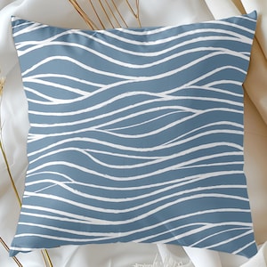 Blue Pillow Cover Wave Pattern Throw Pillow Coastal Decor Ocean Inspired Cushion Minimalist Beach House Accent Gift