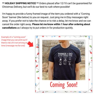 May include: A framed image of a t-shirt with the text "Things I Do In My Spare Time" printed on it. The t-shirt is heather navy blue. The image is surrounded by a border of red, green, and blue Christmas lights. The text "Coming Soon!" is printed below the image.