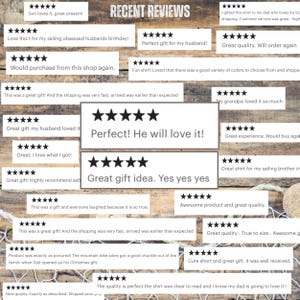 May include: A collage of customer reviews for a product, featuring five-star ratings and positive comments. The reviews highlight the quality, design, and customer service of the product. The text includes phrases like "Great gift", "Perfect! He will love it!" and "Awesome product and great quality."