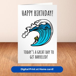 Cartão de aniversário para impressão de aniversário de surfista, aniversário de surf, amante da praia, aniversário de pai, prancha de surf, marido, filho, esposa, cartão de aniversário, namorado