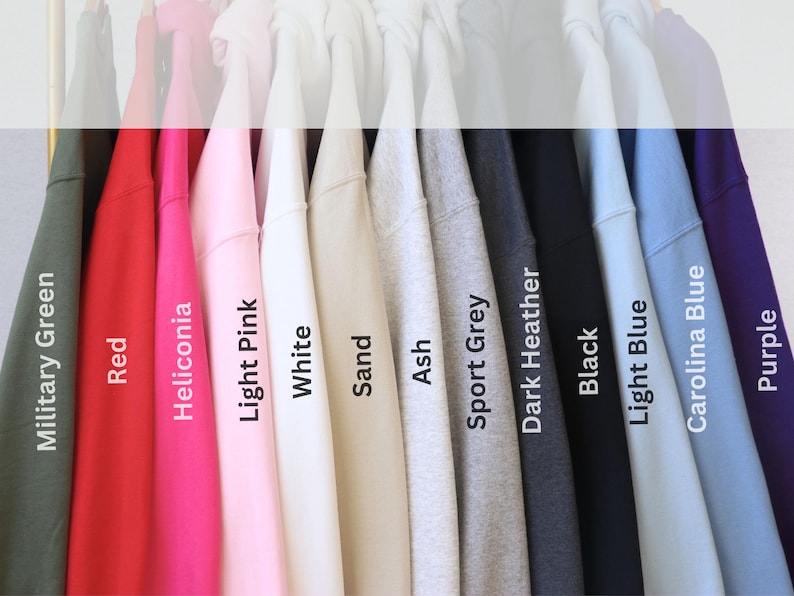 Puede incluir: Una fila de 13 sudaderas de diferentes colores colgadas en un estante. Los colores son verde militar, rojo, rosa, rosa claro, blanco, arena, ceniza, gris deportivo, gris oscuro, negro, azul claro, azul carolina y morado.